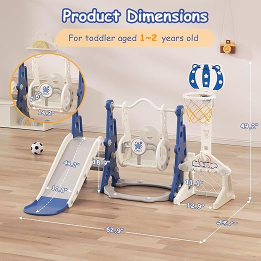 BIERUM Toddler Swing and Slide Set - 6 in 1 Baby Slide for Toddlers Age 1-2, with Basketball Hoop, Soccer and Golf Game, Indoor Outdoor Toddler Playset Blue