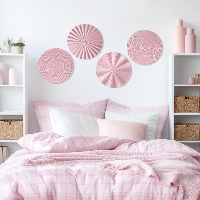 Hicarer 4 Pcs 12 Inch Pink Metal Wall Art Decor Modern Sunburst Hanging Artwork Decor Wall Decorations for Home Bedroom Bathroom Living Room Office Sculpture