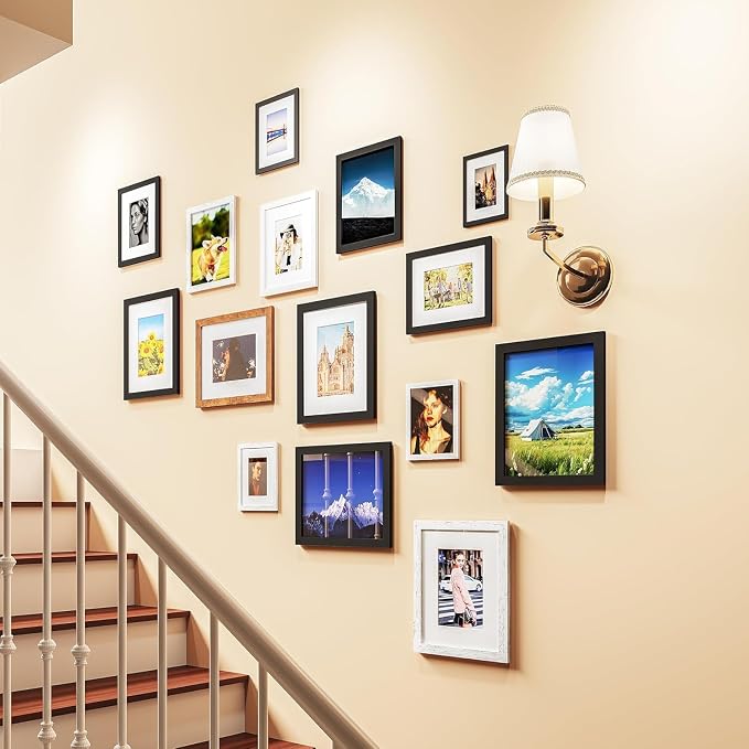 Picrit 12x15 Picture Frame Set of 12, Display 9 x 12 with Mat or 12 x 15 without Mat, Photo Frames for Wall Mounting Display, Black
