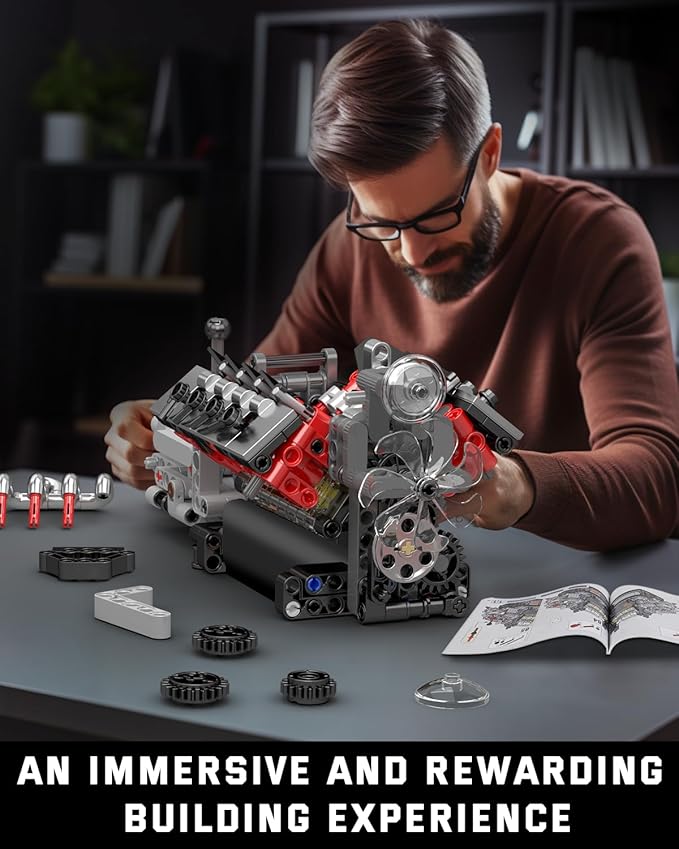 Mould King 10225 V8 Engine Model kit That Runs- Build Your Own STEM V8 Model Engine with Transmission, 8-Cylinder Car Engine kit Building Engineering Toys for Adults Collections (855+PCS)