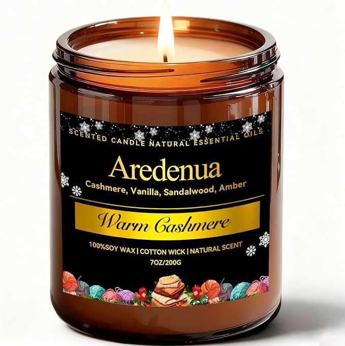 Warm Cashmere Scented Candle โ Cozy Cashmere & Soft Vanilla Clean Scent, Soy Candles for Home Scented, 50 Hours Burn Time Long Lasting Candle for Relaxation - 7oz Aromatherapy Candles