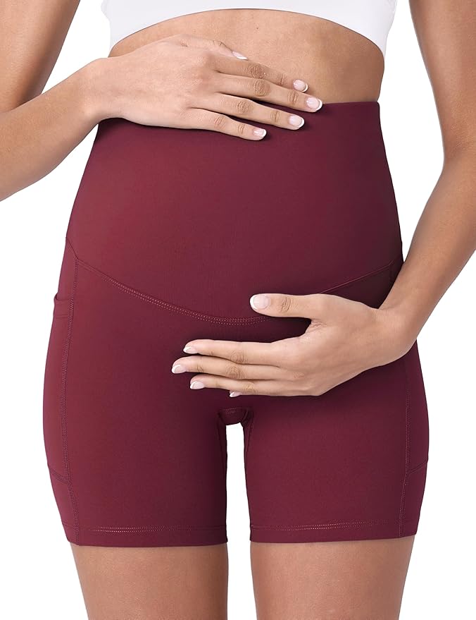 POSHDIVAH Women's Maternity Yoga Shorts Over The Belly Bump Summer Workout Running Active Short Pants with Pockets 5"/8"