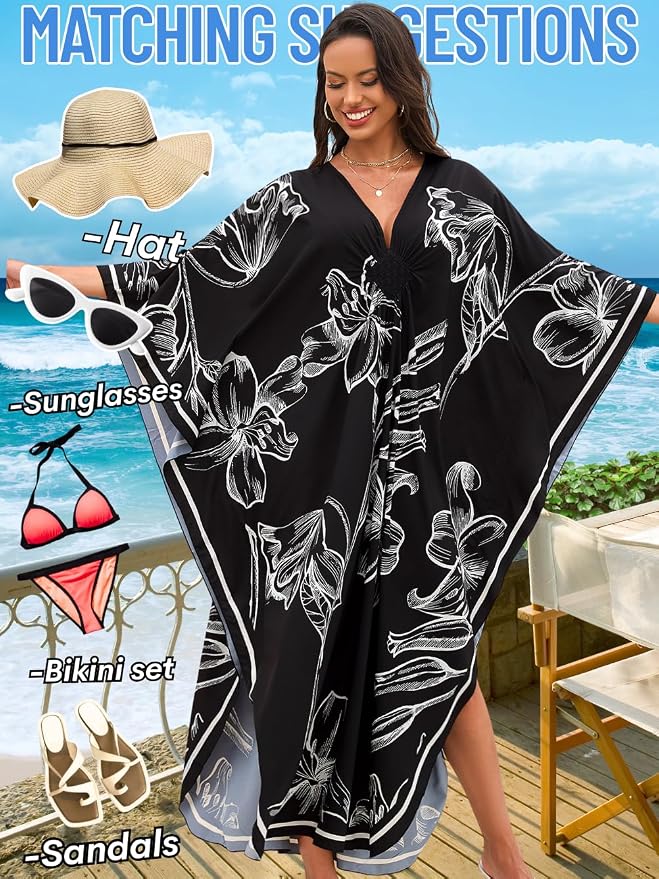 ChiaoLezhee Print Moo-Moos for Women, Kaftan Cover-Up Dresses, Sexy V-Neck High-Slit, Beach Pool-Party Coverups Muumuu Plus