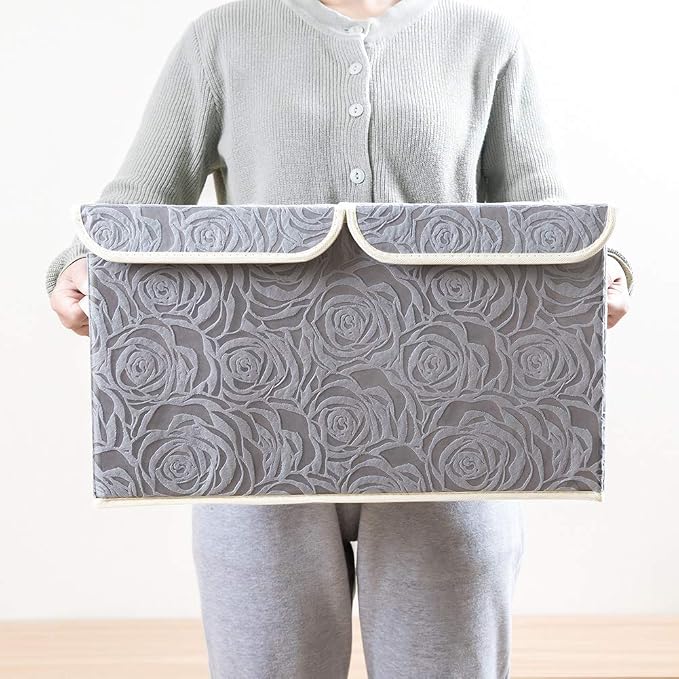 Large Foldable Storage Bins with Lids Fabric Decorative Storage Box Cubes Organizer Containers Baskets with Cover Handles Removable Divider for Home Bedroom Closet 17.3x11.8x9.8 Inch 3 Pack