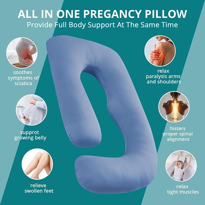 Sasttie Pregnancy Pillows for Sleeping, U Shaped Cooling Full Body Pillow with Removable Cover, Pregnant Women Must Haves, Maternity Essential, Blue