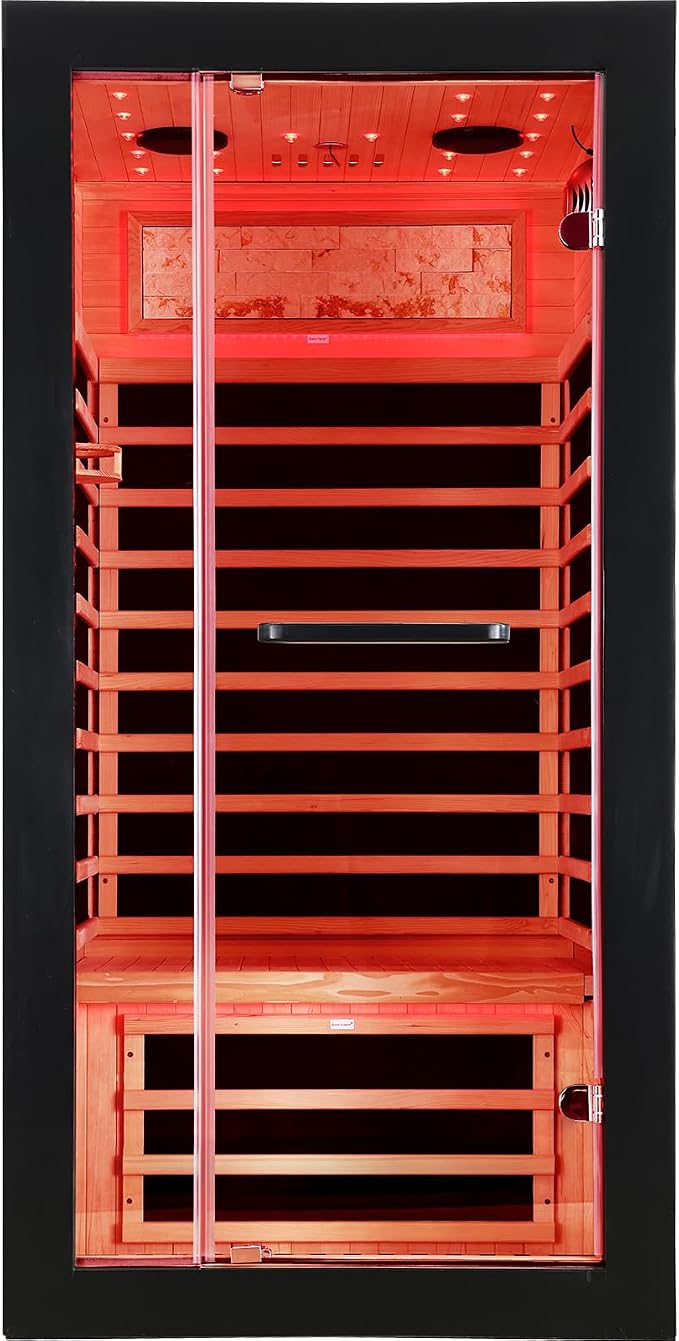 OUTEXER One Person Sauna Far Infrared Saunas Room Obeche Wood 1350W Dry Saunas Spa with 7 Starry Sky Light 35.4 * 35.4 * 70.8inch