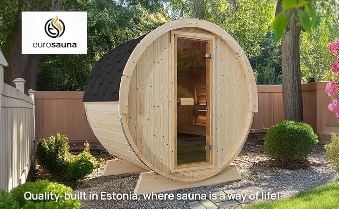 EuroSauna 2-Person Outdoor Barrel Sauna with Shingles, Lighting, & 6kW Harvia Sauna Heater, 81x59