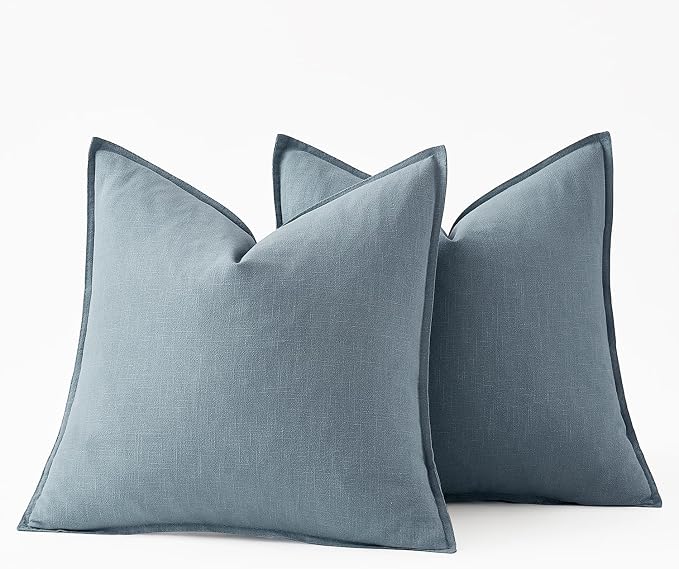 MIULEE Decorative Linen Pillow Covers 18x18 Inch Blue Grey | Boho Farmhouse Neutral Couch Throw Pillows for Bed, Pack of 2 Accent Coastal Modern Pillowcases, Sofa Livingroom Home Decor