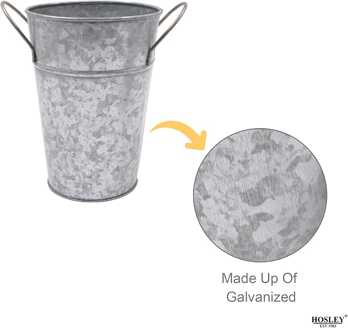 Hosley Set of 2 Galvanized Finish Bucket Vase with PVC Liner 5" Dia x 7" H, Ideal Gift for Floral Arrangements Wedding Home Office Party DIY Indoor Outdoor Garden Patio