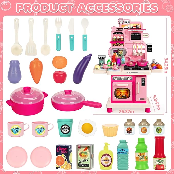 Kids Kitchen Playset, Toddler Play Kitchen Set Toys with Sound & Light, Cooking Stove, Play Sink, Play Food Kitchen Accessories, Pretend Kitchen Toy for Kids Toddlers Girls Ages (Pink)