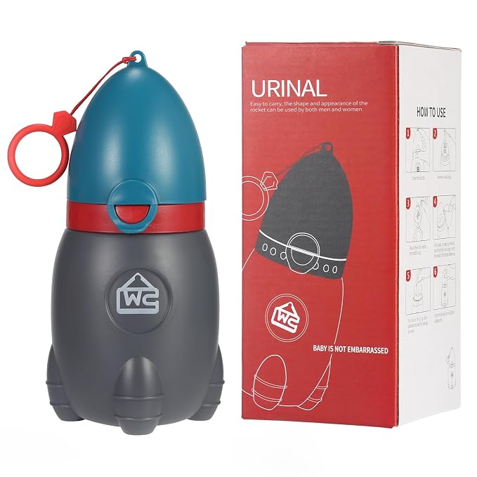 ONEDONE Portable Urinal for Kids Rocket Pee Cup for Kids Emergency Urinal for Toddlers Boys Girls 12.5 OZ Small Pee Bottle for Kid Child Camping Car Travel Potty Training Baby Urinal Teal