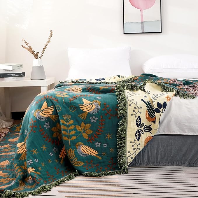 VANJOROY Boho Throw Blanket, 100% Organic Cotton Breathable Ultra Soft 50" x 60" Bed Quilt Throw - Floral Rustic Bird Farmhouse Decor Luxury Reversible Blanket for Sofa Couch Chair and Gift,Teal/Beige