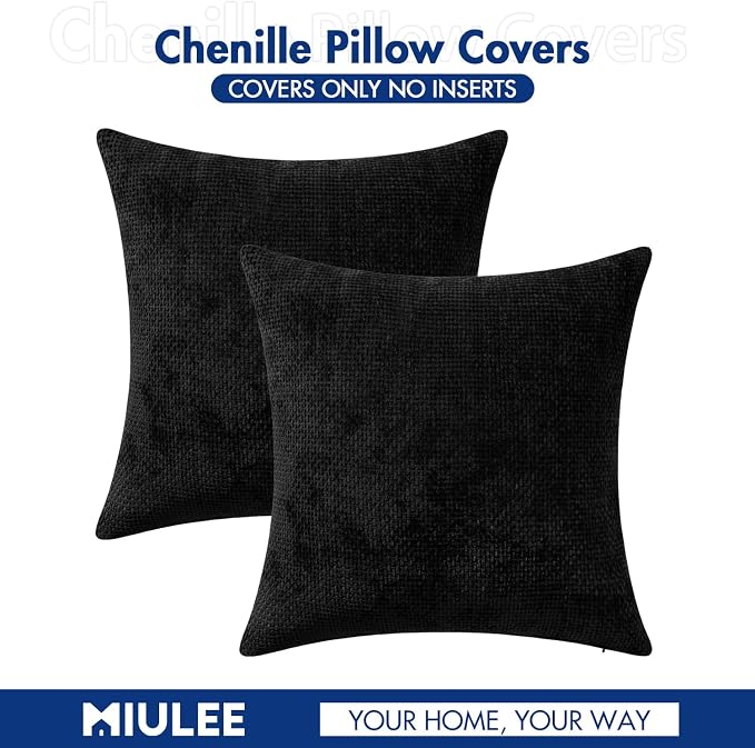 MIULEE Decorative Couch Throw Pillow Covers 16x16 Inch Black 2 Pack | Modern Boho Accent, Soft Chenille Pillow Covers, Farmhouse Cushion Cases for Home Decor Bed Sofa Living Room