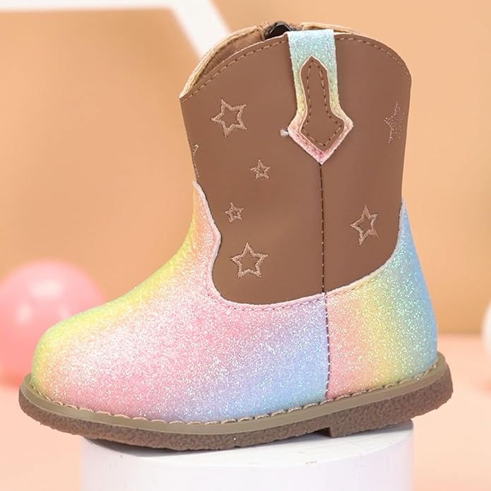 Newsonet Baby Cowboy Cowgirl Boots Infant Western Boots Toddler Boys Girls Round Toe Riding Mid Calf Boots All Seasons for 6 9 12 18 24 Months