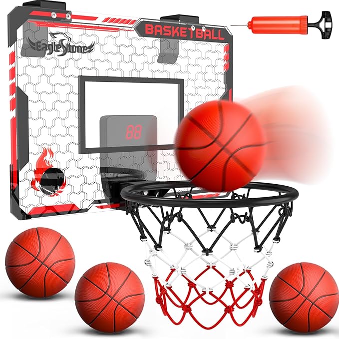 EagleStone Mini Indoor Basketball Hoop with Scoreboard,4 Balls & Pump,Over The Door Bedroom Office Basketball Hoop for 6 7 8 9 10 11 12+ Year Old Kids Boys