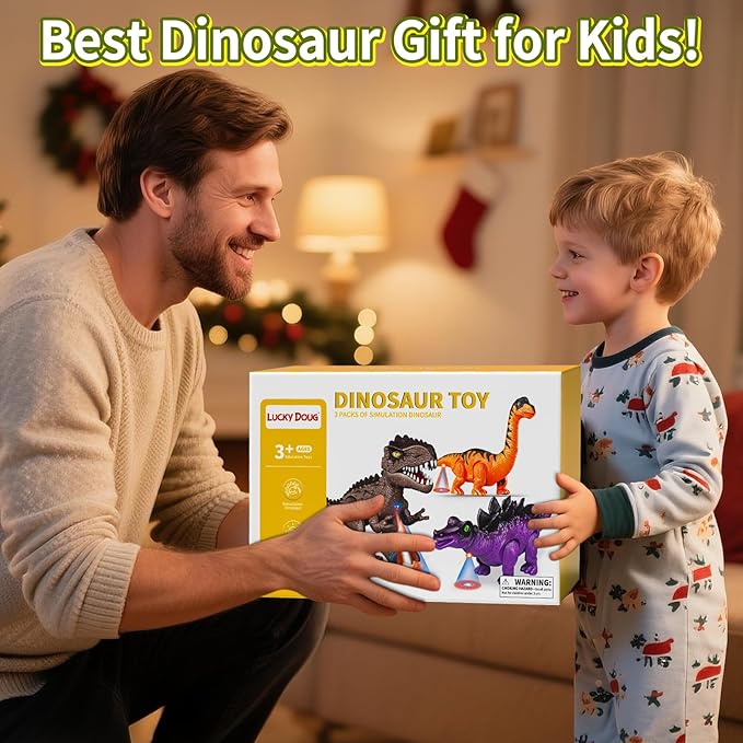 Lucky Doug 3 Pack Electric Realistic Dinosaur Toys with Simulated Sounds & Lights for Boys Kids Aged 3 4 5 Years Old - Perfect Jurassic Tyrannosaurus Rex Gift for Birthday 3-5 Years