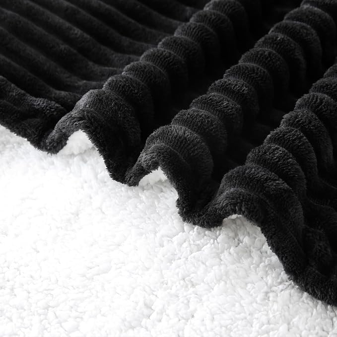 Black Sherpa Fleece Throw Blanket 60”×80” for Couch Sofa Bed | Double Side Soft Fuzzy Cozy Plush Thick Flannel Blanket with Striped Design Gift for Adults,Woman