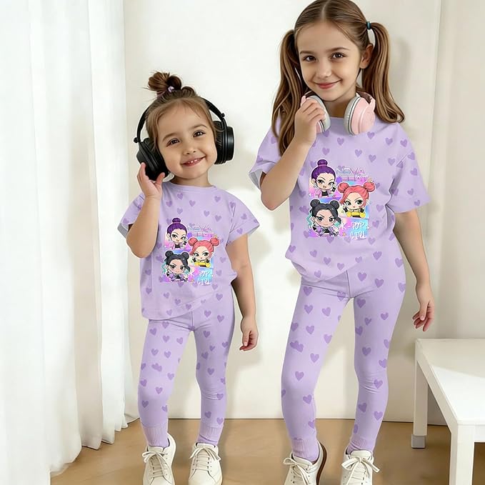 K Pop Short Sleeve T-Shirt and Pants Outfits Set for Girls Hunters Rumi Mira Zoey Graphic Tees De-Mon Kids