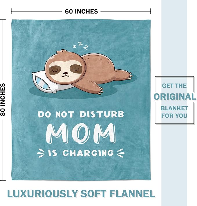 Leebbsin Funny Gifts for Mom, Birthday Gifts for Mom from Daughter Son | Mom is Charging Sloth Blanket, 60" x 80", Cyan, Mom Gift for Christmas Mothers Day, Soft Sloth Throws Blanket for Mother