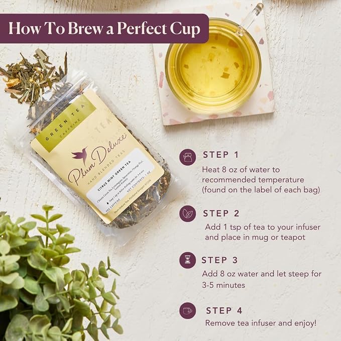Herbal Tea Sampler – 5 Caffeine-Free Loose Leaf Blends for Sleep and Relaxation, Fruity and Dessert-Inspired Flavors, 75 to 100 Cups – Handcrafted in USA – Plum Deluxe