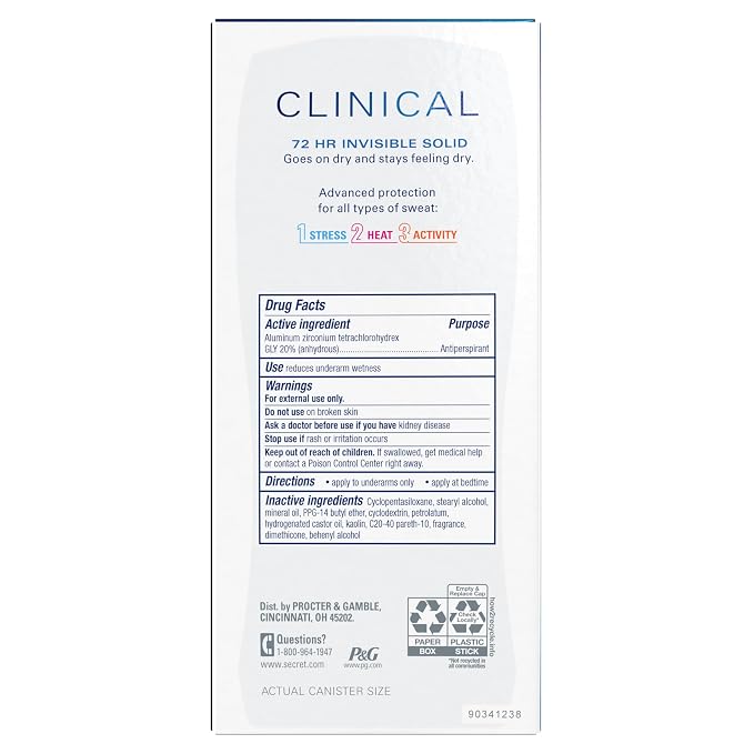 Secret Clinical Strength 100HR Sweat & Odor, Invisible Solid Antiperspirant Deodorant for Women, 3X Stress Protection with Hyaluronic Acid, PH Balanced, Clean Lavender Scent, 2.6 oz (Pack of 12)