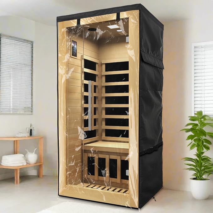 Outdoor Wood Sauna Cover,Sauna Covers with Separate Top Cover for Wood Home Spa Saunas,37" Lx29 Dx62 H with PVC Clear Door Design,Black