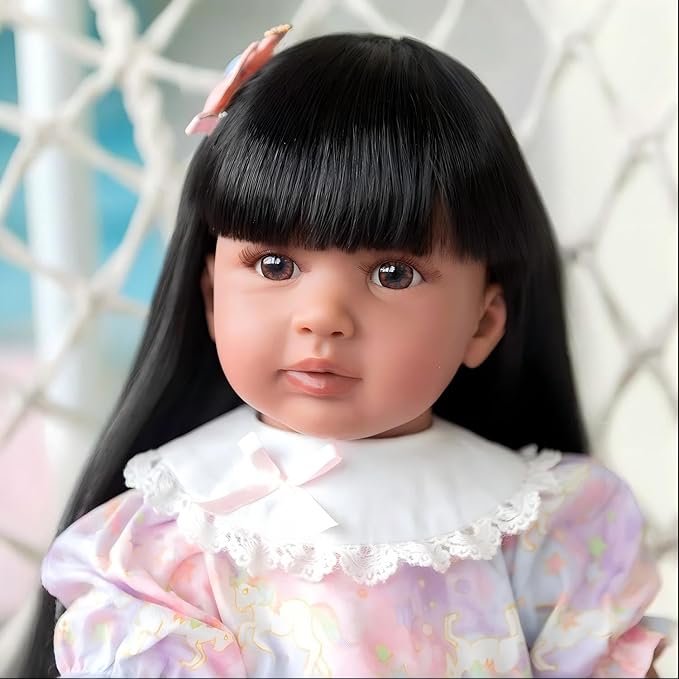 Pinky 24 inch Black Indian Reborn Baby Dolls Girl Soft Vinyl Realistic Look African American Newborn Doll Toddler Doll Toy for Kids 3+