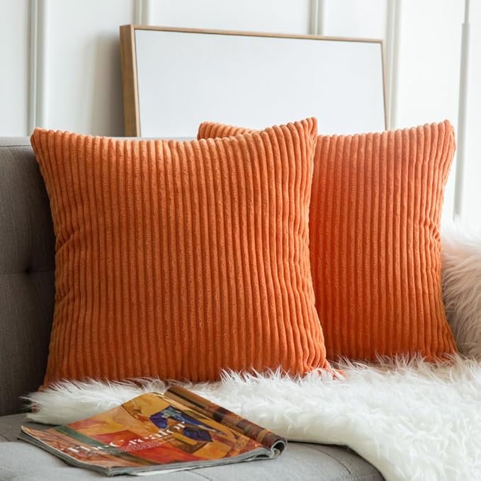 MIULEE Fall Decorative Corduroy Throw Pillow Covers Set of 2 14x14 Orange | Soft Striped Textured Cushion Cases, Boho Energetic Vibe Pillowcases for Home Decor, for Couch Chair Sofa Bed Living Room