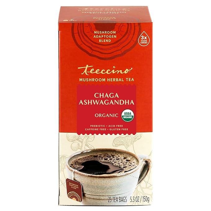 Teeccino Chaga Ashwagandha Tea - Butterscotch Cream - Organic Mushroom Adaptogenic Herbal Tea, 3x More Herbs than Regular Tea Bags, Prebiotic, Caffeine Free, Gluten Free - 25 TeaBags
