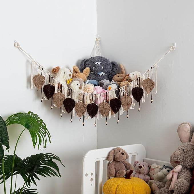 Pretty Jolly Macrame Stuffed Animal Hammock with Beads Hand Woven Leaf Tassels Corner Hanging Net Boho Plush Holder for Kid Room Nursery Decor Easy Install Organizer for Girls Gift(Brown)