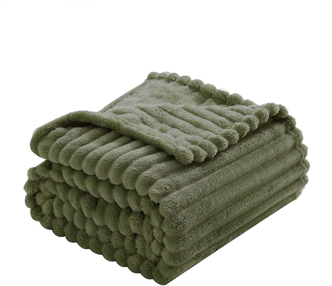 Olive Green Fleece Throw Blanket 60”×80” for Couch Sofa Livingroom | Super Soft Cozy Plush Microfiber Flannel Bed Blanket Striped Design Lightweight Home Decor Gifts for Adults Mom Women