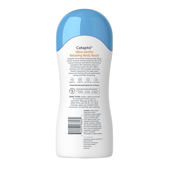 Cetaphil Ultra Gentle Relaxing Body Wash, For Dry to Normal, Sensitive Skin, 16.9oz, with Aloe Vera, Calendula, Vitamin B5, Hypoallergenic, Dermatologist Tested