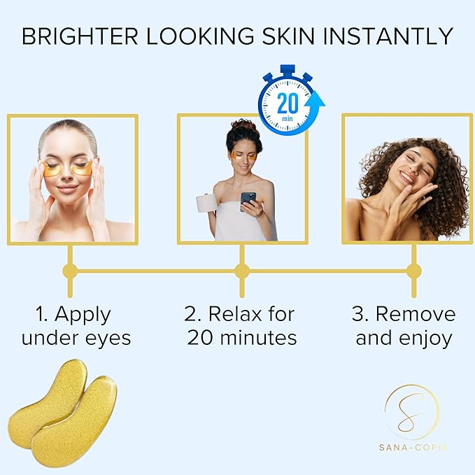 Under Eye Masks - Hydrating Eye Patches for Puffy Eyes & Wrinkles - Anti-Aging, Brightening, Vegan & Clean Beauty - Reduce Undereye Bags & Dark Circles for Women & Men - 20 Pairs (Gold)