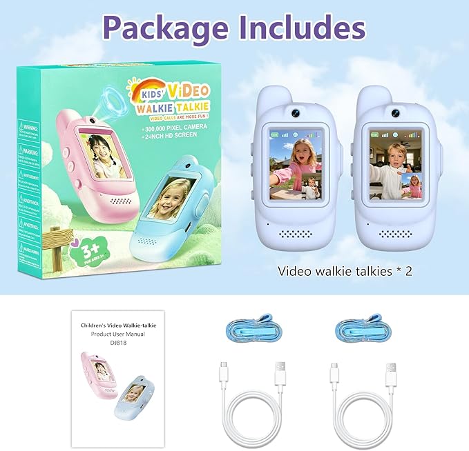 Video Walkie Talkies for Kids, 2 Pack Rechargeable Video Walkie Talkies, HD Camera, Voice Changer, for Family Fun, Camping and Travel, Ages 3-12, Blue and Blue