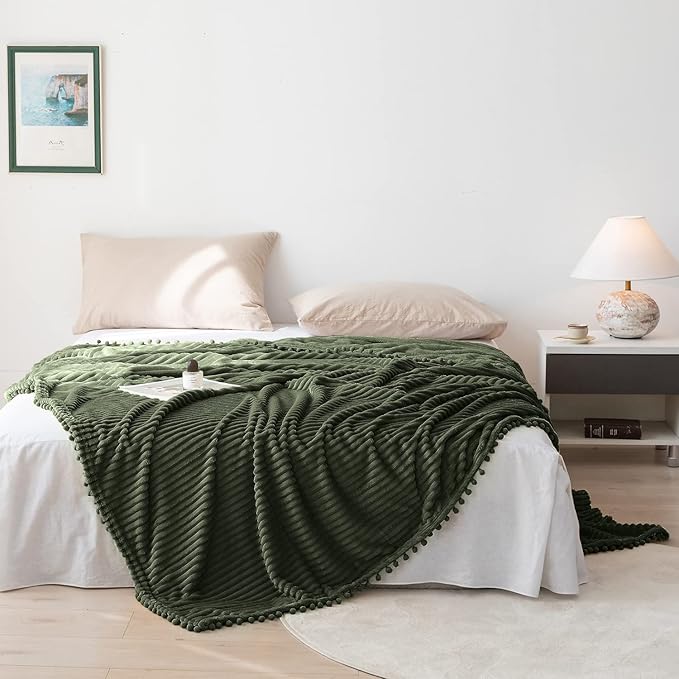 DISSA Fleece Blanket Twin Size – 60x80, Olive Green – Soft, Plush, Fluffy, Fuzzy, Warm, Cozy – Perfect Throw for Couch, Bed, Sofa - with Pompom Fringe - Flannel Blanket Throw Blanket