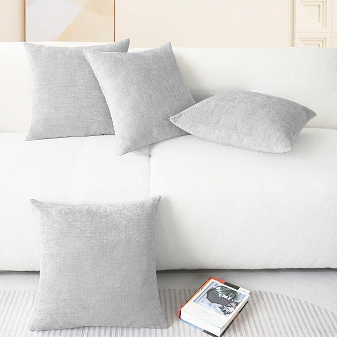 CaliTime Decorative Throw Pillow Covers 18 X 18 Inches Moonbeam Gray | Pack of 4, Cozy Chenille Cushion Cases for Sofa Bed Living Room Farmhouse Home