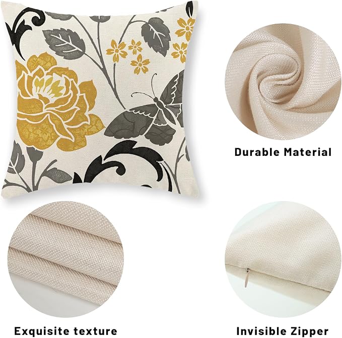 Mustard Yellow Pillow Covers 18x18 Inch Set of 2 Vintage Floral Decor Throw Pillows Grey Butterfly Flower Leaves Seasonal Outdoor Decorative Pillow Cases Linen Cushion Covers for Couch Sofa