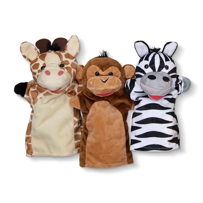 Melissa & Doug Safari Buddies Hand Puppets, Set of 6 (Elephant, Tiger, Parrot, Giraffe, Monkey, Zebra) Soft, Plush Puppet, Stuffed Animals, Pretend Play Toddler Toys for Girls & Boys 2+