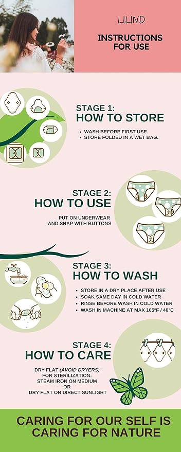 Lilind® 6 Pack Organic Cloth Pads, Regular 9 inch 100% Cotton Reusable Menstrual Sanitary Napkins, Free Wet Bag, Complete Set, Zero Waste