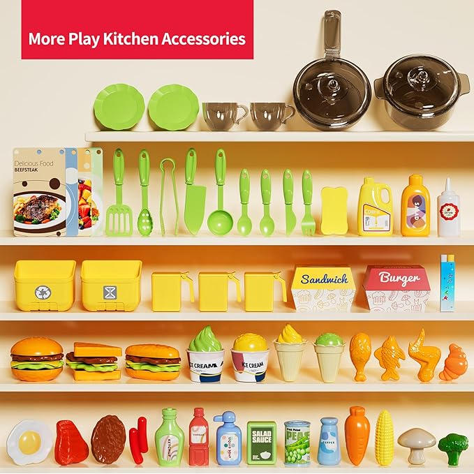 Kids Kitchen Playset, Play Kitchen with Stove, Grill, Sink, Play Food, ToyKitchen Accessories, Cooking Kitchen with Lights Sound Steam, Pretend Play Toys for Kids Toddler Birthday Gifts