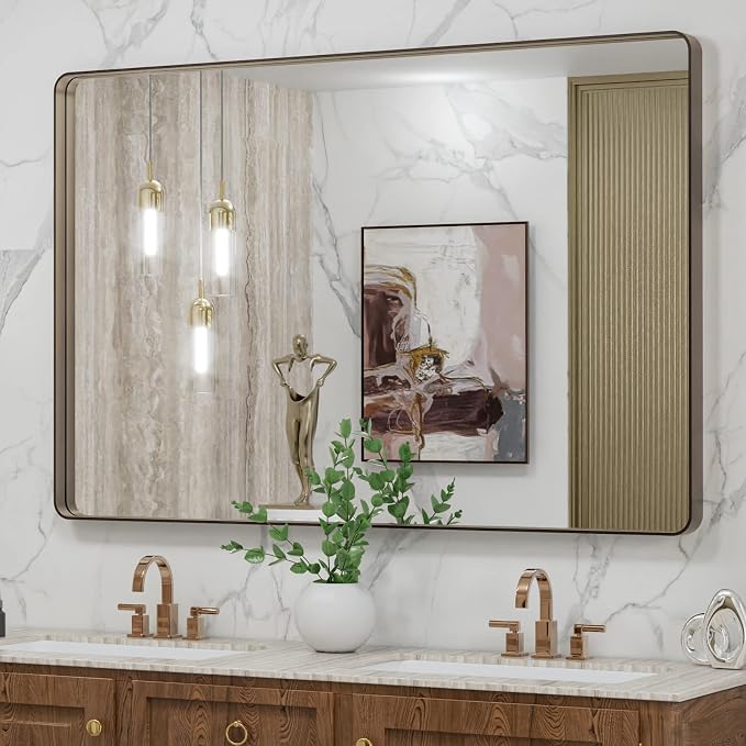 LOAAO 48"X32" Bronze Bathroom Mirror | Rounded Rectangle, Brushed Bronze Metal Frame, Anti-Rust, Tempered Glass, Hangs Horizontally or Vertically