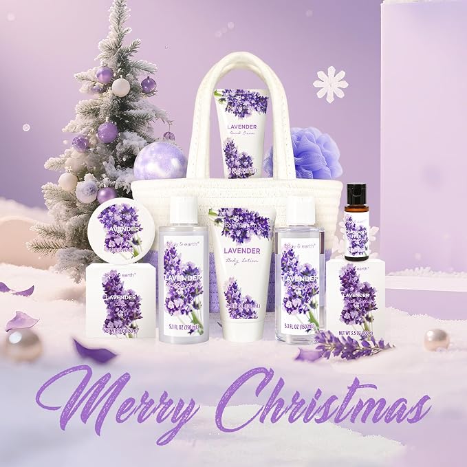BODY & EARTH Spa Gift Baskets for Women 11pcs Lavender Gift Sets with Bubble Bath, Shower Gel, Body Lotion, Mom Birthday Gifts, Spa Kit, Purple Gift for Her, Christmas Gifts