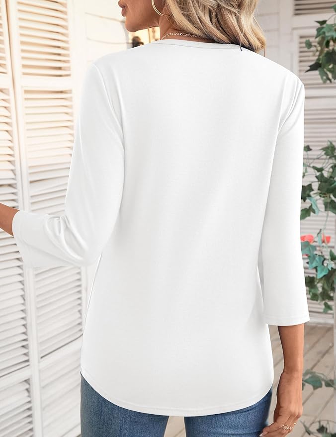 LOMON 3/4 Length Sleeve Womens Tops Spring Summer Fashion 2026 Tops Crew Neck Pleated Shirts Tunic Top Loose Fit