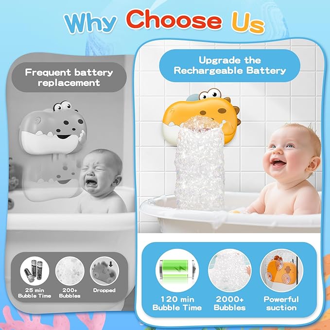 Baby Bath Toys for Kids Ages 1-3 4-8, Rechargeable Dinosaur Bath Bubble Machine with Music for Toddlers, Baby Bathtub Toys Valentine Days Gift, Dinosaur Bath Bubble Maker for Toddlers Kids Boys Girls