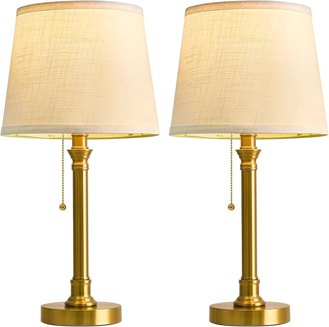 Oneach Modern Gold Brass Table Lamp Set of 2 for Bedroom Living Room 19.5'' Traditional Bedside Desk Nightstand Buffet Candlestick Samll Lamps with White Drum Shade