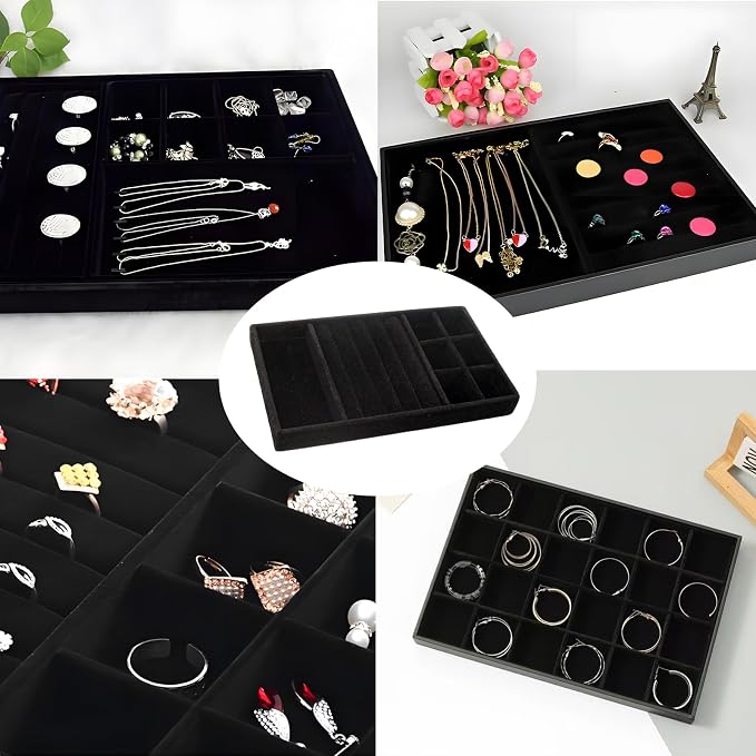 Velvet Jewelry Organizer Tray, Black 3-in-1 | Stackable Jewelry Storage Display Tray with Removable Dividers for Drawer Dresser Cloest Organizer