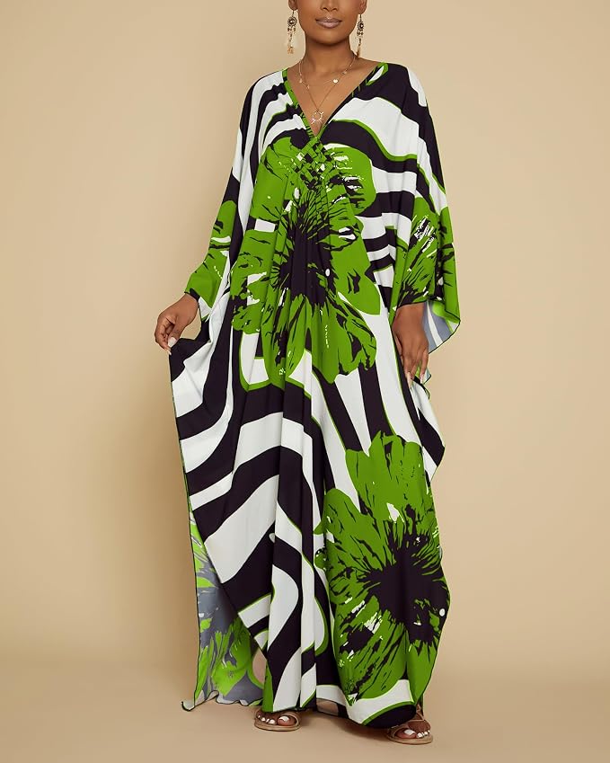 Bsubseach Kaftan Dresses for Women Floral Print Plus Size Beach Cover Up | Lightweight V Neck Loose Fit Boho Dress, Batwing Sleeve Side Slit, Moo Moos for Women Home Loungwear Cruise Resort Wear