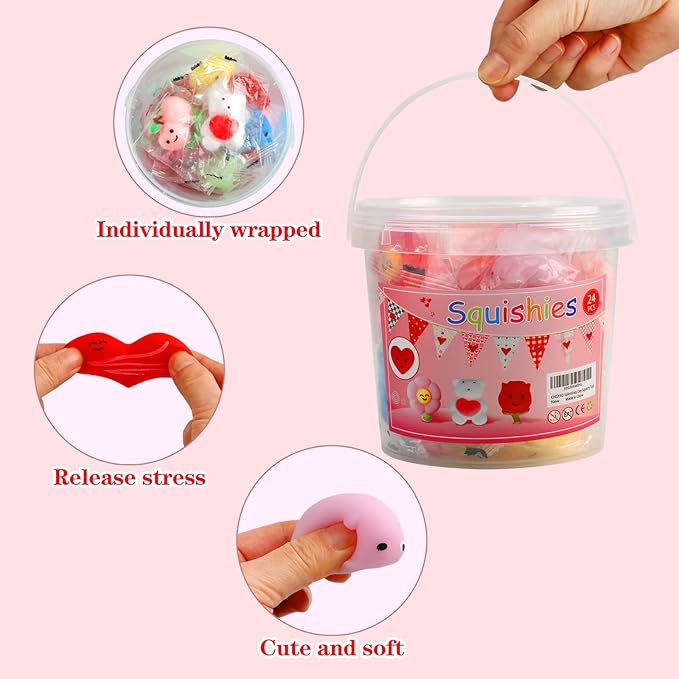 KINGYAO Valentines Day Gifts for Kids-24 Pack Squishy Valentines Toys for Toddlers Teens Valentines Squishies Mochi Fidget Toys Classroom School Prize Party Favors for Boys Girls Ages 4-8 8-12
