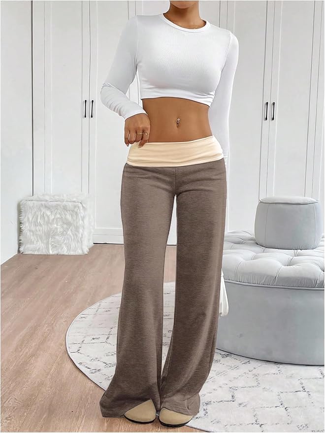 SOLY HUX Women's Sweatpants Color Block Low Rise Fold Over Waist Baggy Wide Leg Pants