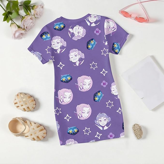 Girl's Anime K-POP Graphic Long Dress T-Shirt - Casual Loose Fit Short Sleeve Top